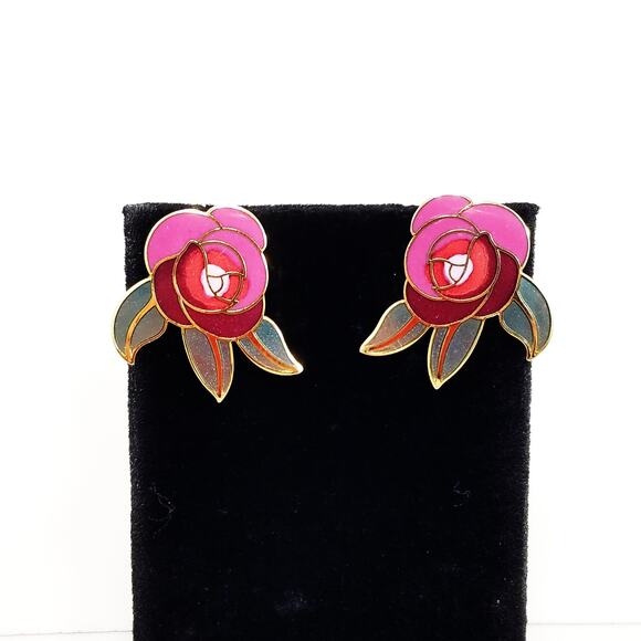 Vintage Laurel Burch "Deco Rose" Earrings, Gold Cloisonne Posts, Gold Plated - Picture 3 of 10